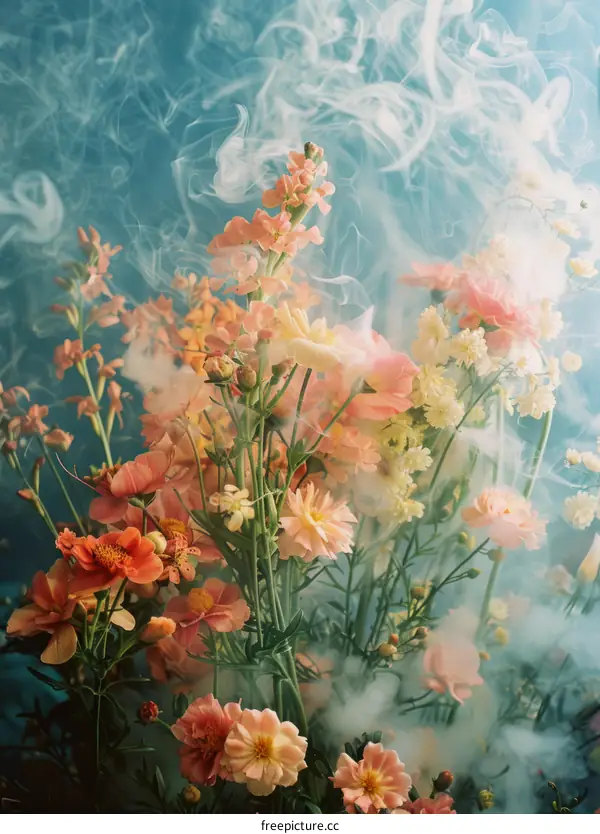 Colorful Flower Bouquet with Smoke on Blue Background