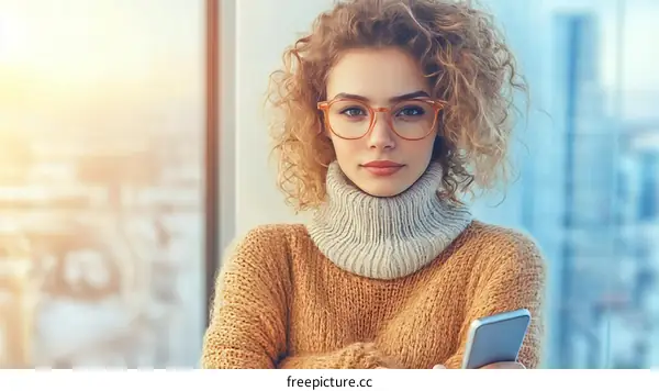 Woman with Curly Hair and Glasses Holding a Phone