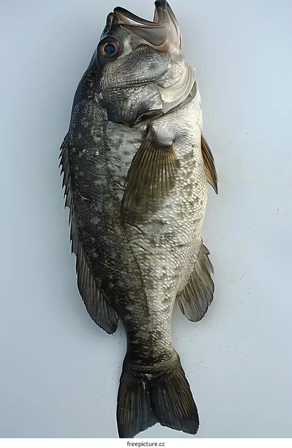 A large black and white fish on a white background