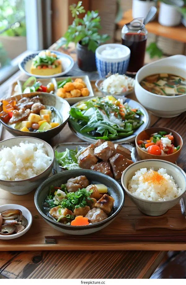 Japanese Cuisine Set with Various Dishes