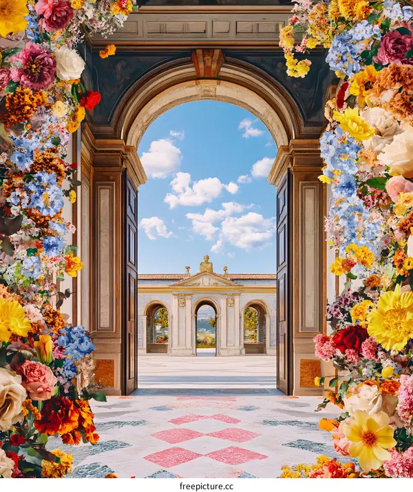 Floral Archway Leading To An Italian Palace