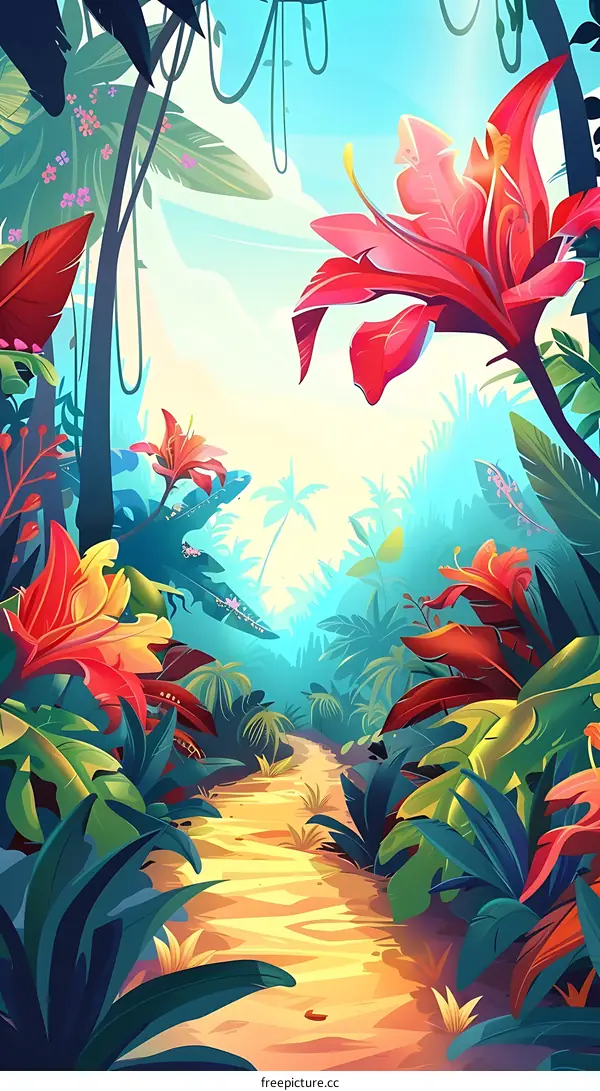 Jungle Path With Bright Flowers
