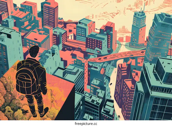 Man with Backpack Looking at Cityscape