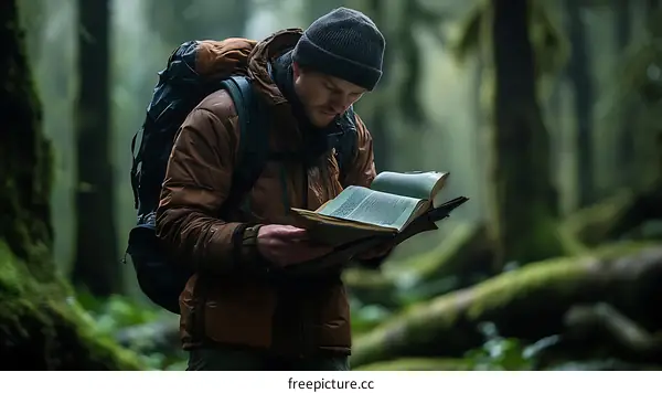 Man Reading a Book in a Lush Forest