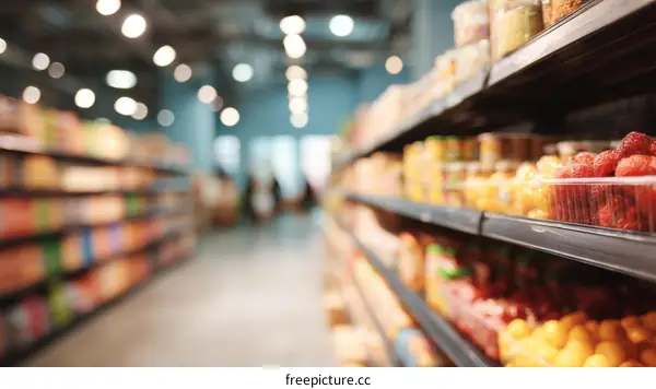 Blurred Supermarket Aisles with Fresh Produce