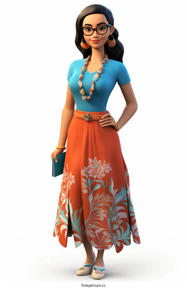 Illustration of a young woman wearing a blue shirt and an orange skirt