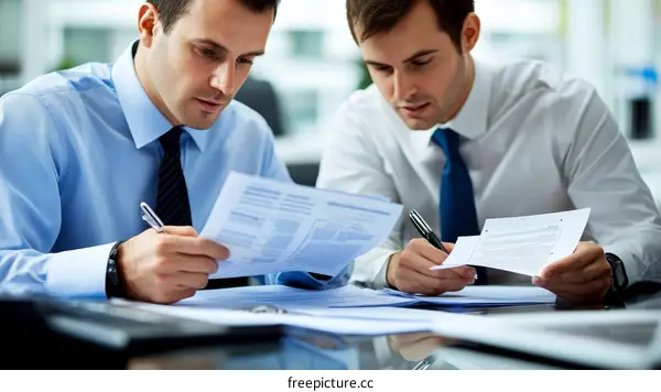 Two Caucasian Businessmen Reviewing Documents