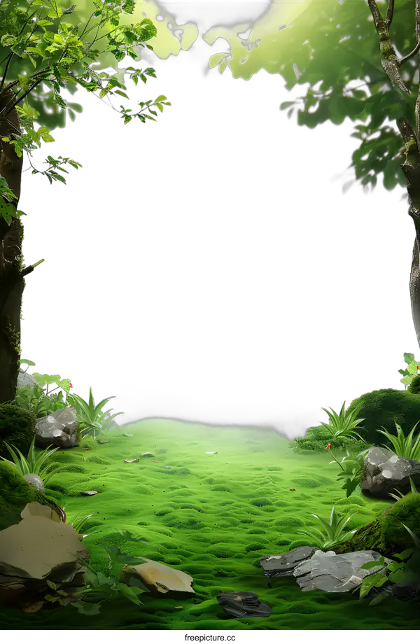 [Transparent Background PNG]Green Grass Field with Trees and Rocks Background