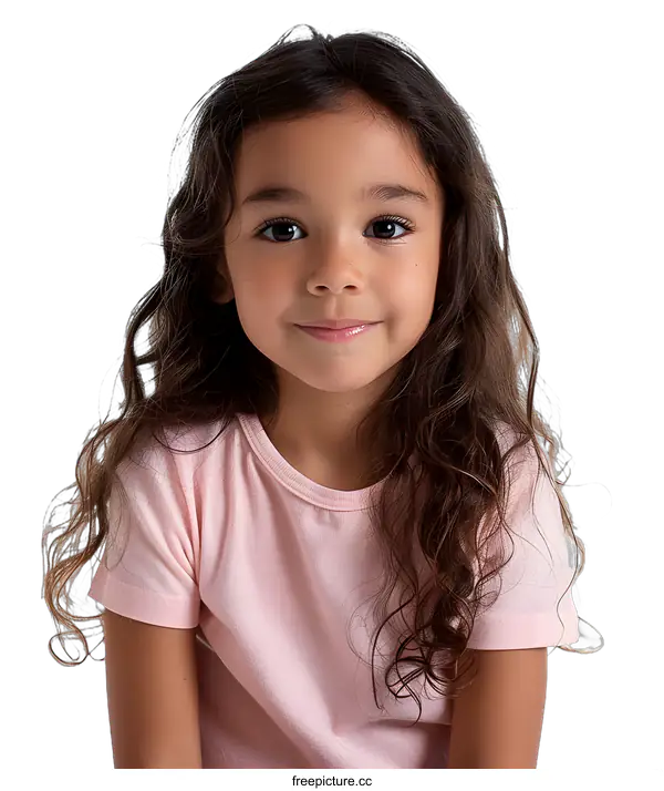 [Transparent Background PNG]Portrait of a Happy Young Girl with Brown Hair and Big Brown Eyes Wearing a Pink T Shirt