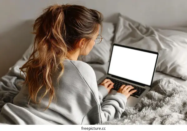 Casual Woman Working on Laptop in Bed