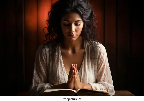 Praying woman with dark hair and brown eyes closed