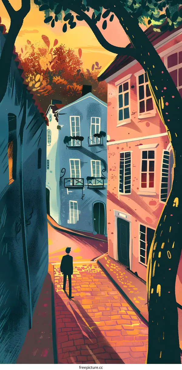 Man Walking Down a Cobblestone Street in a European Town