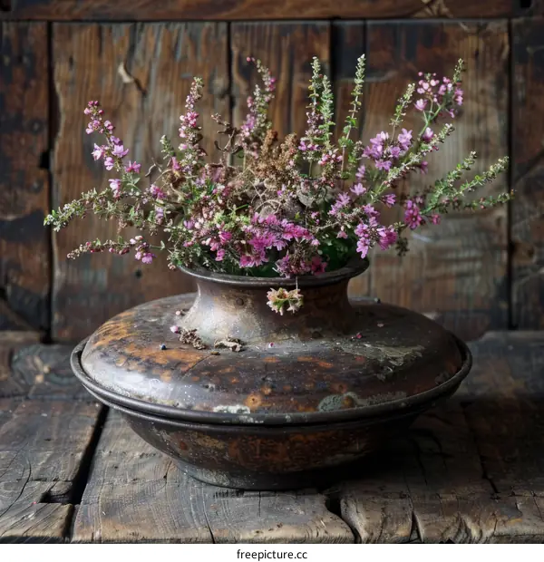 Copper Vase with Purple Flowers Still Life