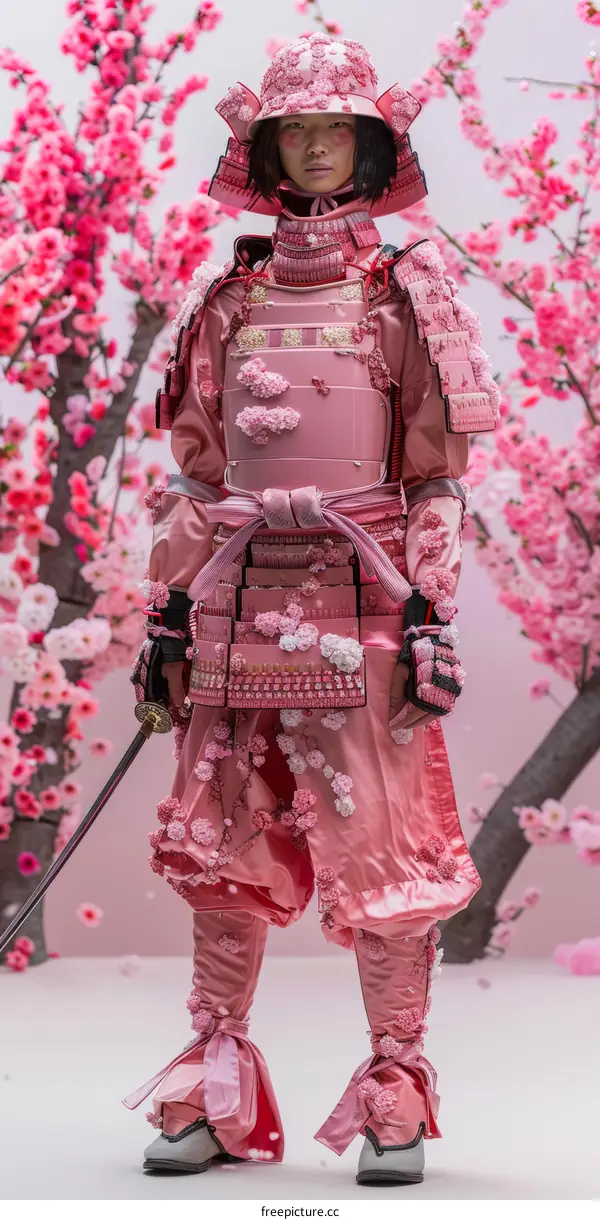 A person wearing a pink samurai armor with cherry blossoms