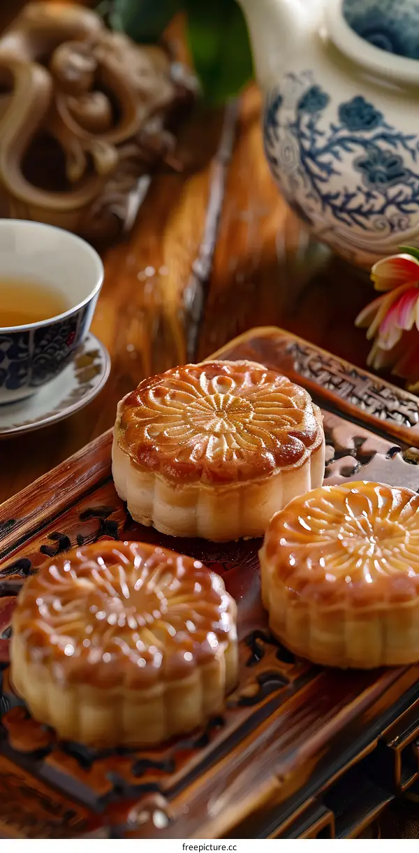 Closeup of Delicious Mooncakes on Wooden Plate
