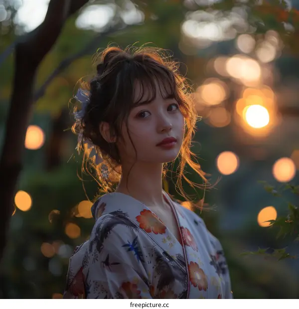 Asian Woman in Traditional Japanese Kimono at Sunset