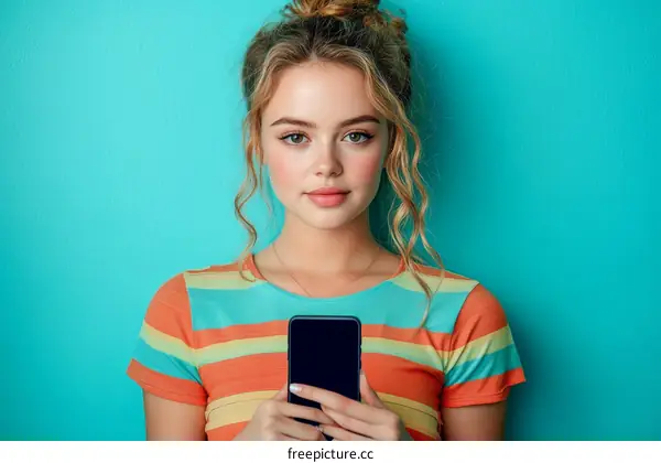 Teenage Girl Holding Smartphone in Front of Turquoise Background