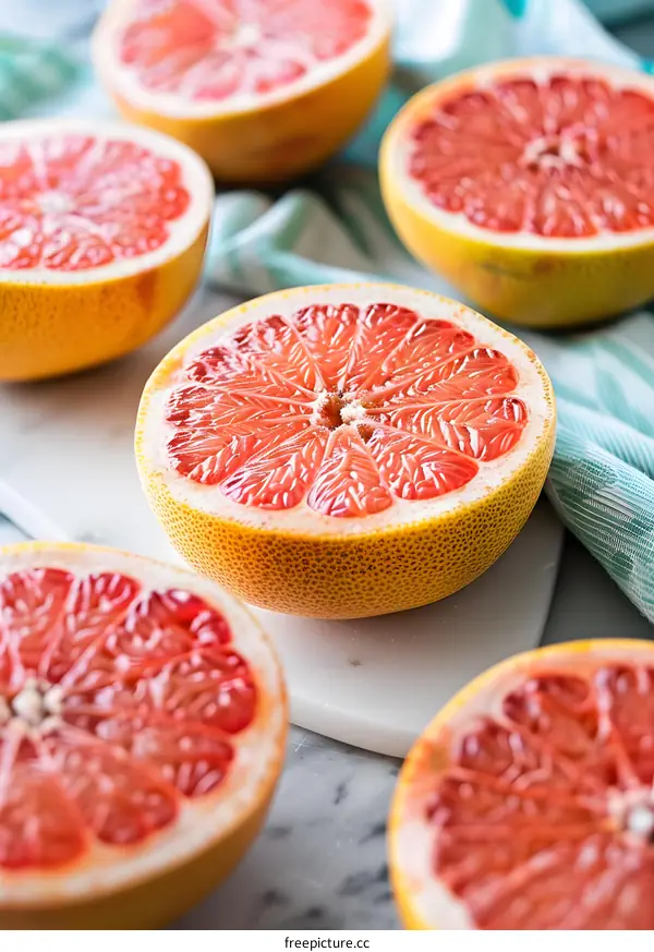 Close Up Of Pink Grapefruit Halves On A Marble Surface