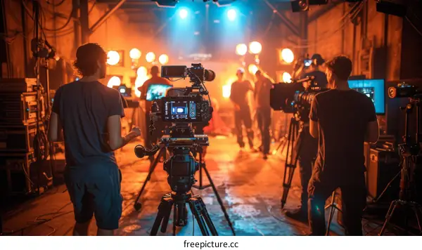A group of people filming a scene in a studio