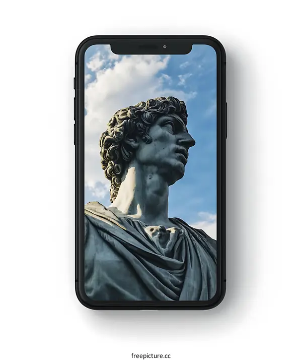 Statue on Phone Screen with Blue Sky Background