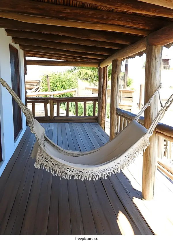 White Hammock Hanging on Wooden Porch
