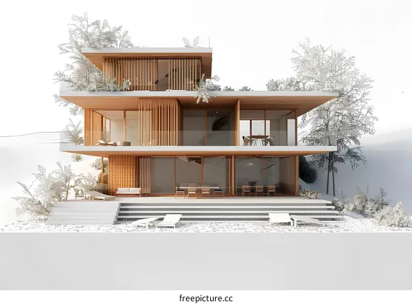 Modern Wooden House with Garden and Patio Design