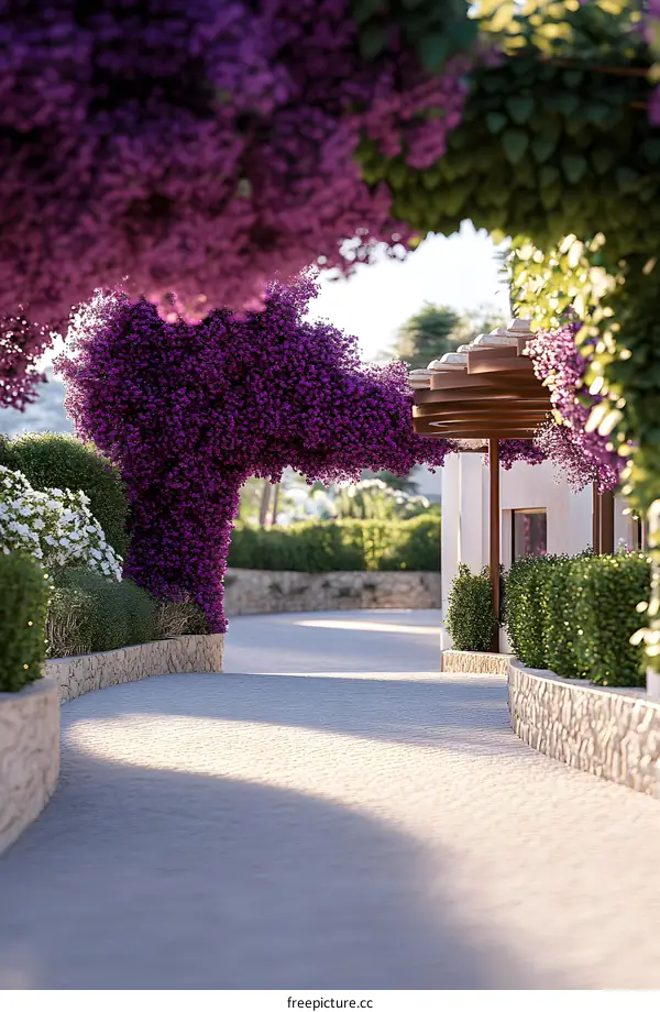 Purple Flowers and Stone Walls Leading to a Villa