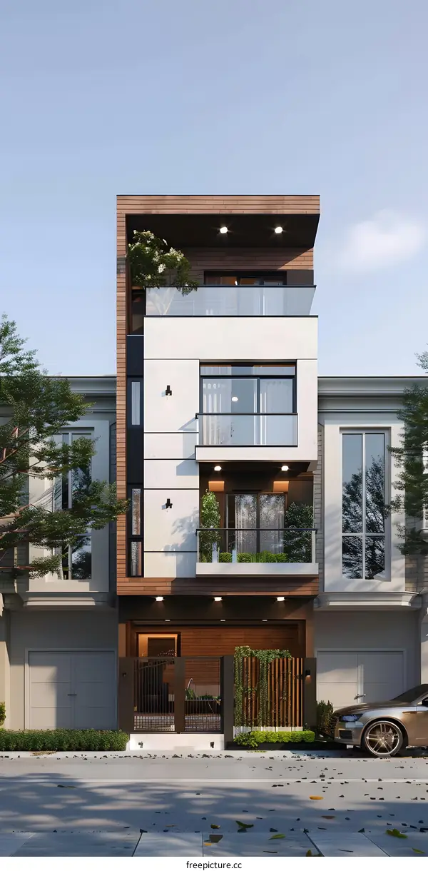 Modern Minimalist House Design with Wooden Facade and Balcony