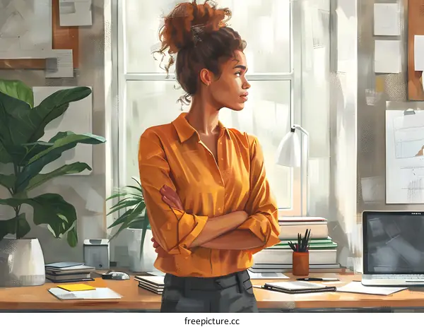 A young woman standing in an office, looking out the window.