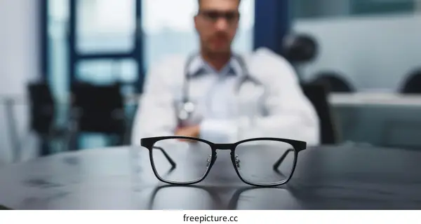 Black eyeglasses on the table with a blurred doctor in the background