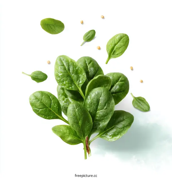Fresh Spinach Leaves with Water Drops and Seeds Isolated on White