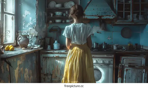 Girl in a yellow dress standing in a blue kitchen