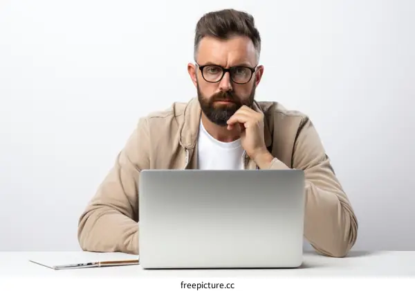 Bearded man in glasses looking at laptop screen