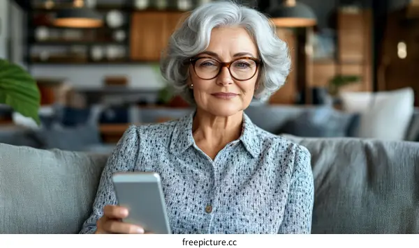 Senior Woman Using Smartphone in Cozy Living Room