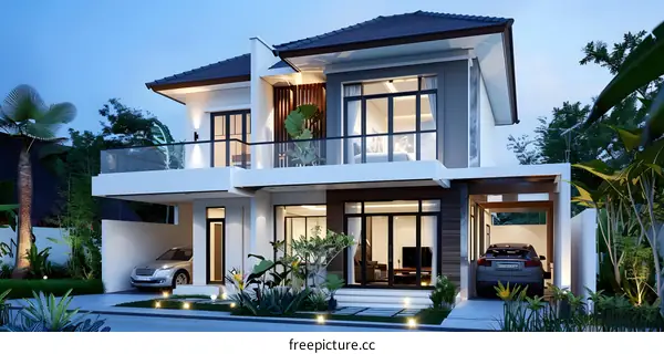 Modern Two Story House Design With Balconies and Carport