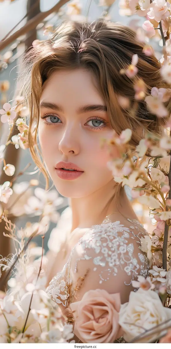 Beautiful Woman Surrounded by Pink and White Flowers