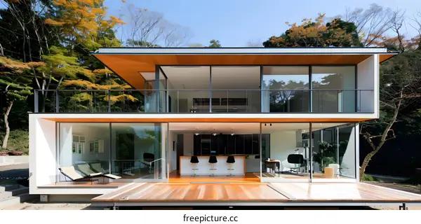 Modern Two Story House with Large Windows and Deck