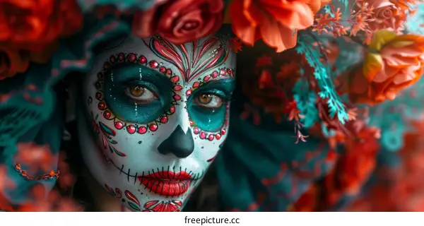 Close-up of a woman wearing a traditional Mexican sugar skull mask