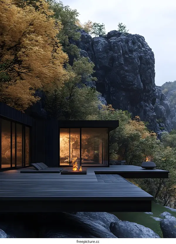Modern Minimalist House with Fireplace in the Woods