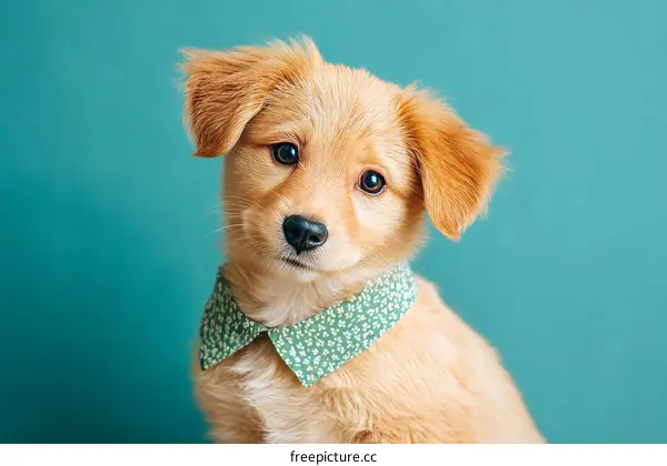 Cute Puppy Portrait Against Teal Background