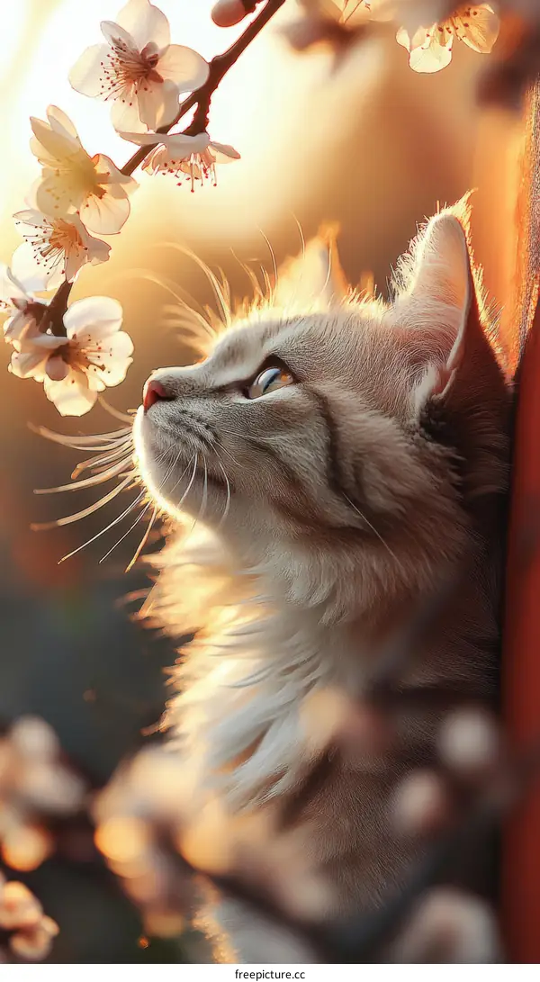 Fluffy Cat Among Spring Blossoms