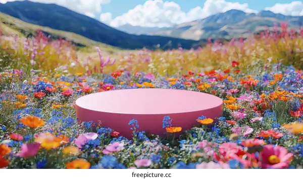 Pink Platform in a Colorful Wildflower Field