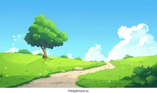 Cartoon Illustration Of A Sunny Day With A Winding Path Through A Lush Green Meadow