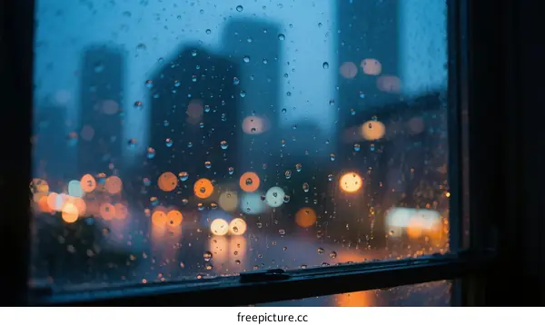 Raindrops on Window with Blurry City Lights at Night