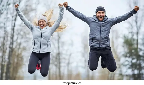 Joyful Couple Jumping for Joy in Winter