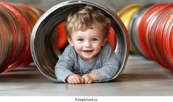 Baby Playing in Colorful Metal Tunnels