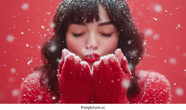 Woman blowing snow with red mittens on a red background