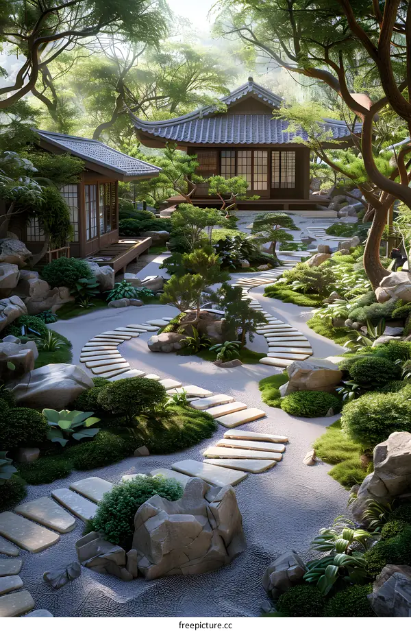 Japanese Zen garden with stone path and traditional houses