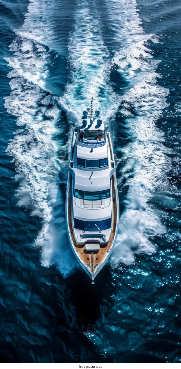 A luxury yacht is cruising in the open sea