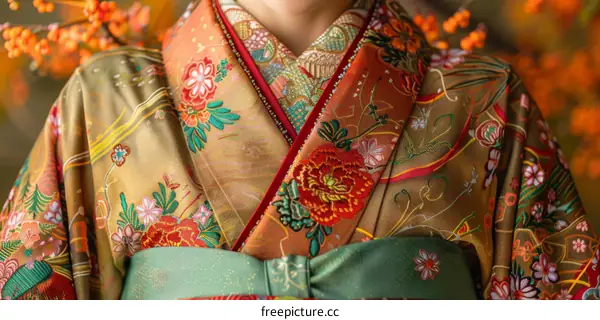 Close up of a woman wearing a kimono with intricate embroidery and traditional Japanese floral patterns